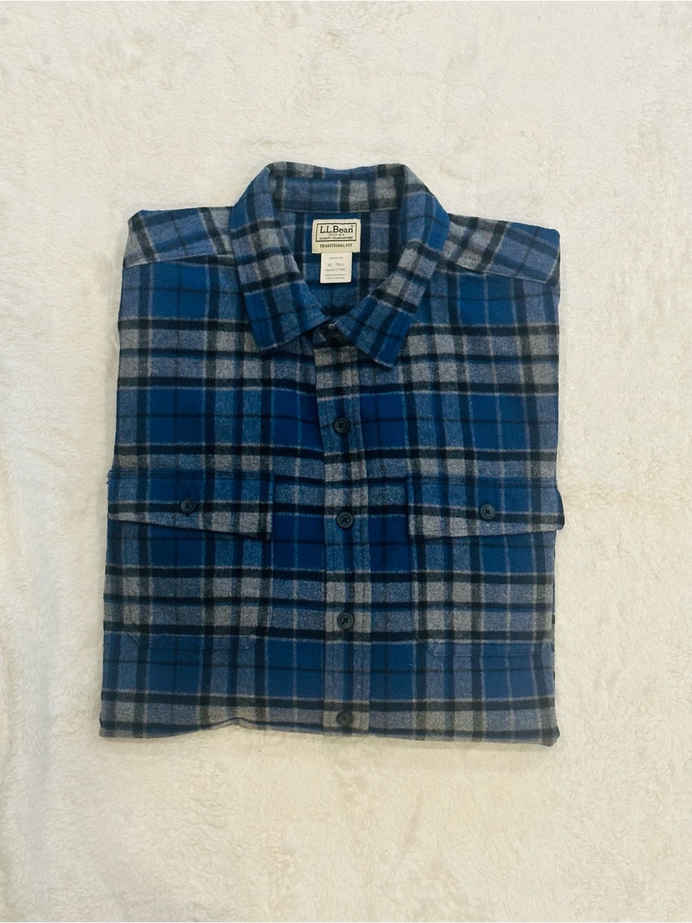 LL Bean Mens XL Tall Chamois Cloth Flannel Shirt XLT Blue Gray Plaid 277982